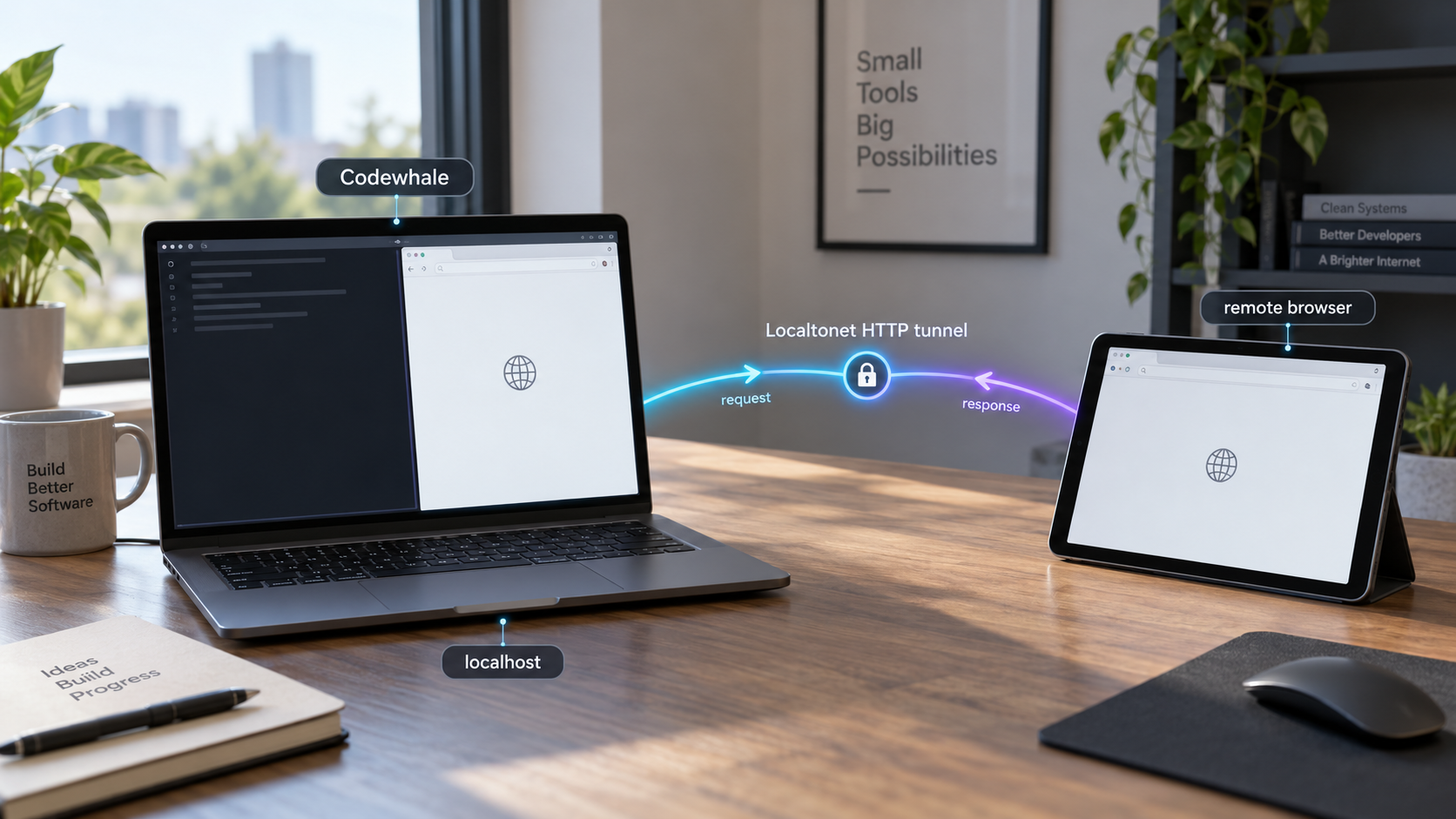 Codewhale running locally on a laptop and connected to a remote browser through a Localtonet HTTP tunnel.