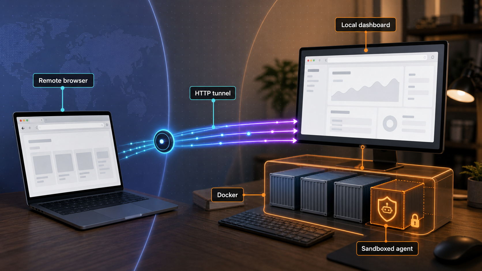 Remote browser connecting through a Localtonet tunnel to a sandboxed.sh Docker deployment.