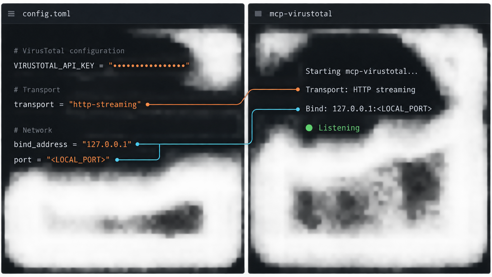 Configuration and terminal views for starting mcp-virustotal in HTTP streaming mode.