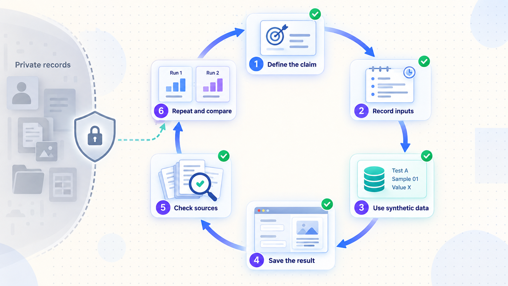 Six-step workflow for testing a career prediction tool with synthetic data and recorded results.