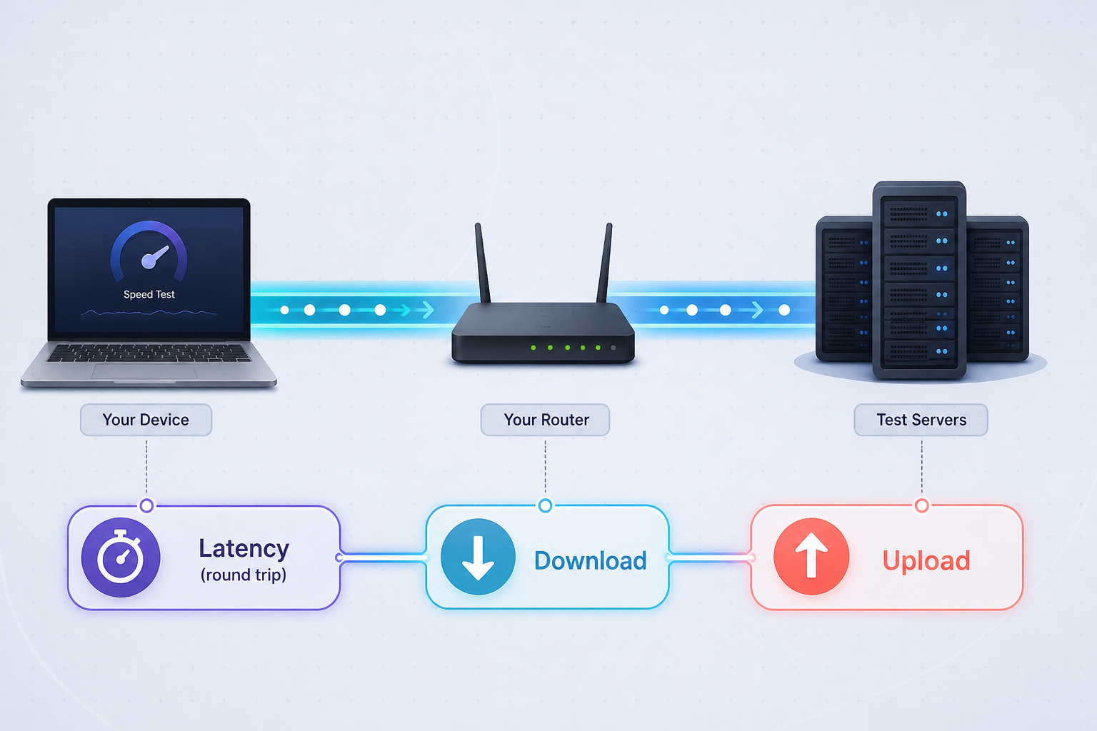 Diagram of a laptop, router and test server with labels for latency, download and upload.
