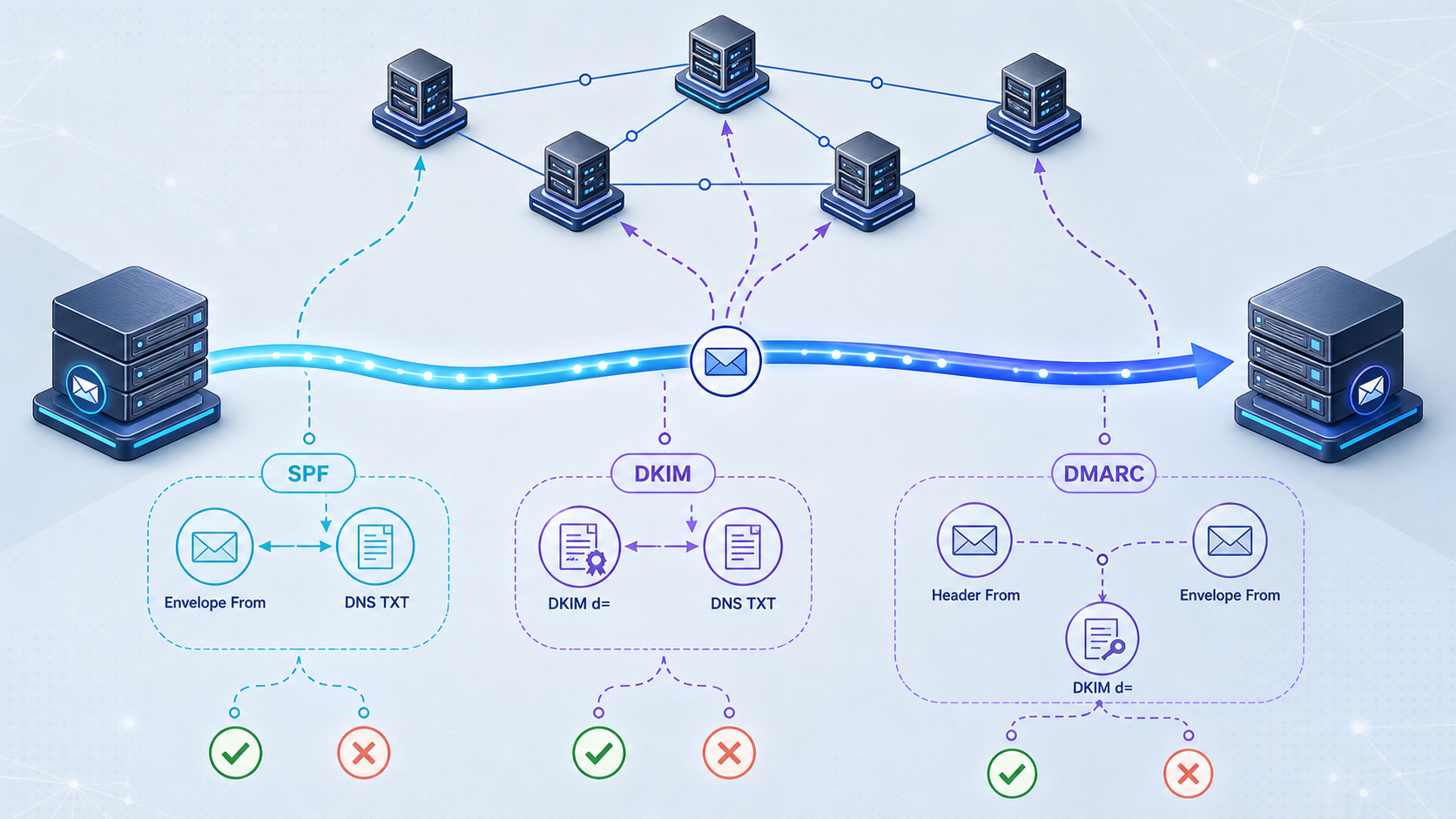 Email authentication flow showing SPF, DKIM, and DMARC checks against DNS.