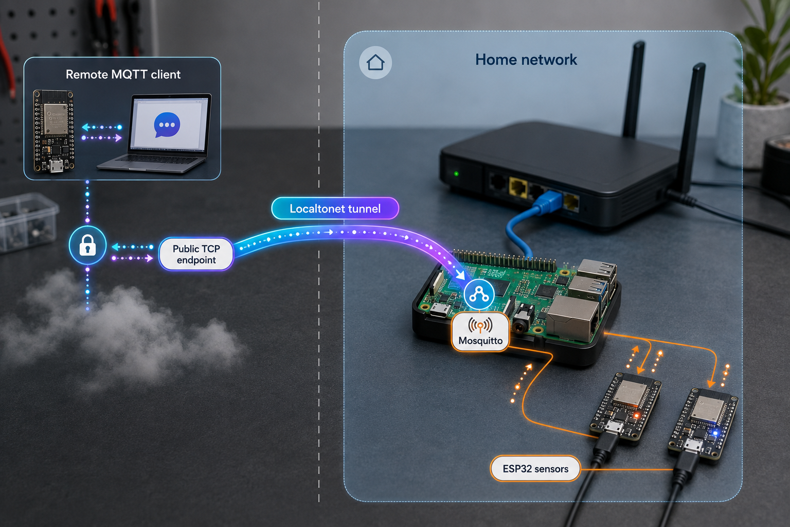 Remote MQTT clients and ESP32 sensors connect through a TCP tunnel to Mosquitto on a home Raspberry Pi.