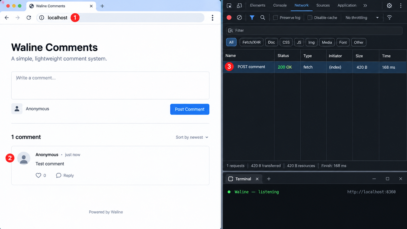 A localhost Waline test comment returns a successful HTTP response before tunneling.
