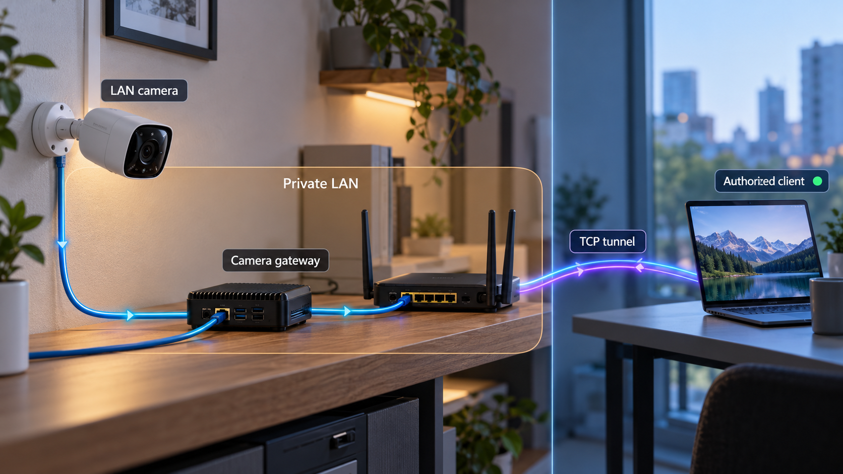 Reolink camera connecting to a LAN gateway and an authorized remote client through a TCP tunnel.