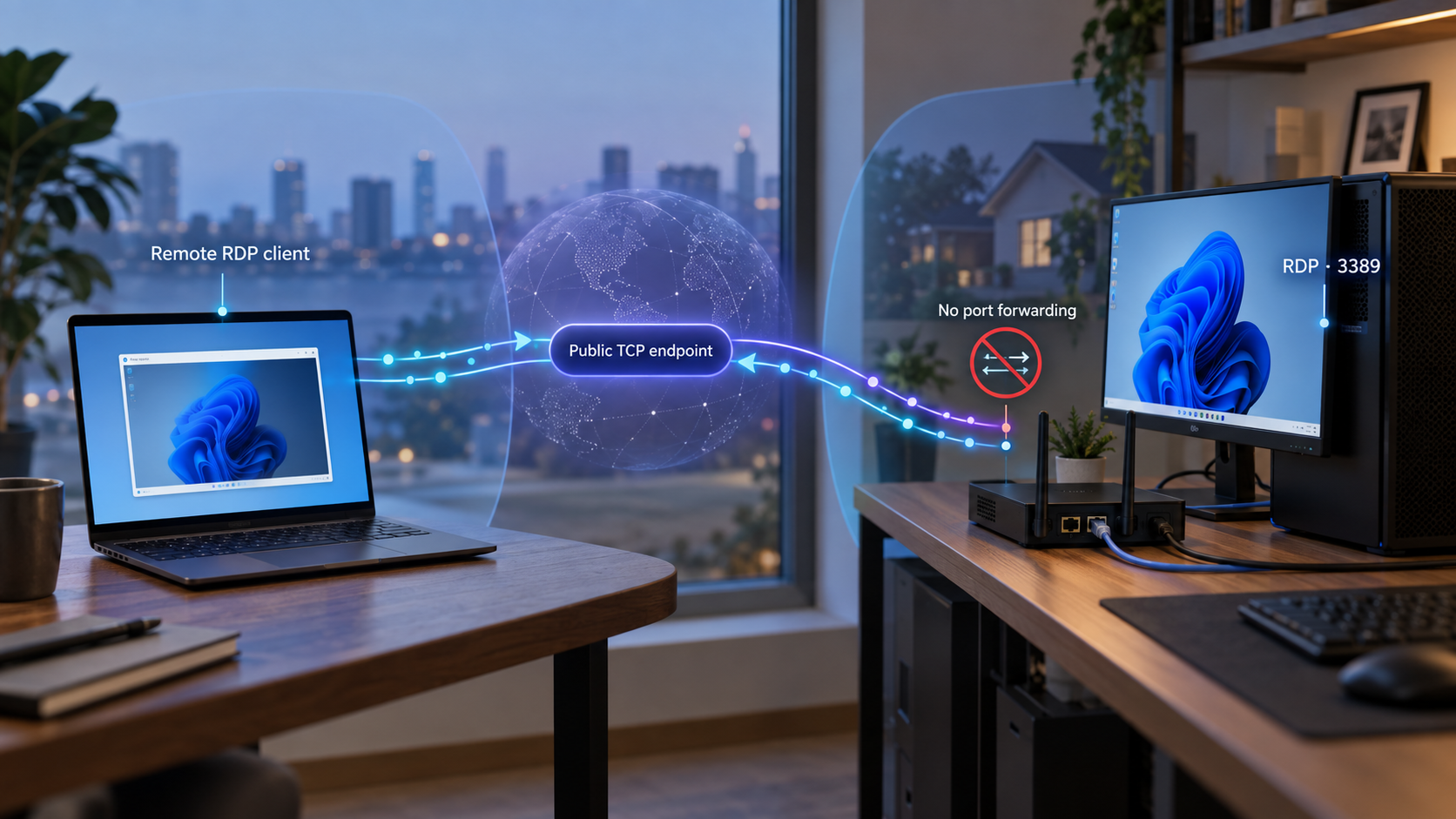 Remote laptop connecting through a public tunnel to a Windows PC behind a router without port forwarding.