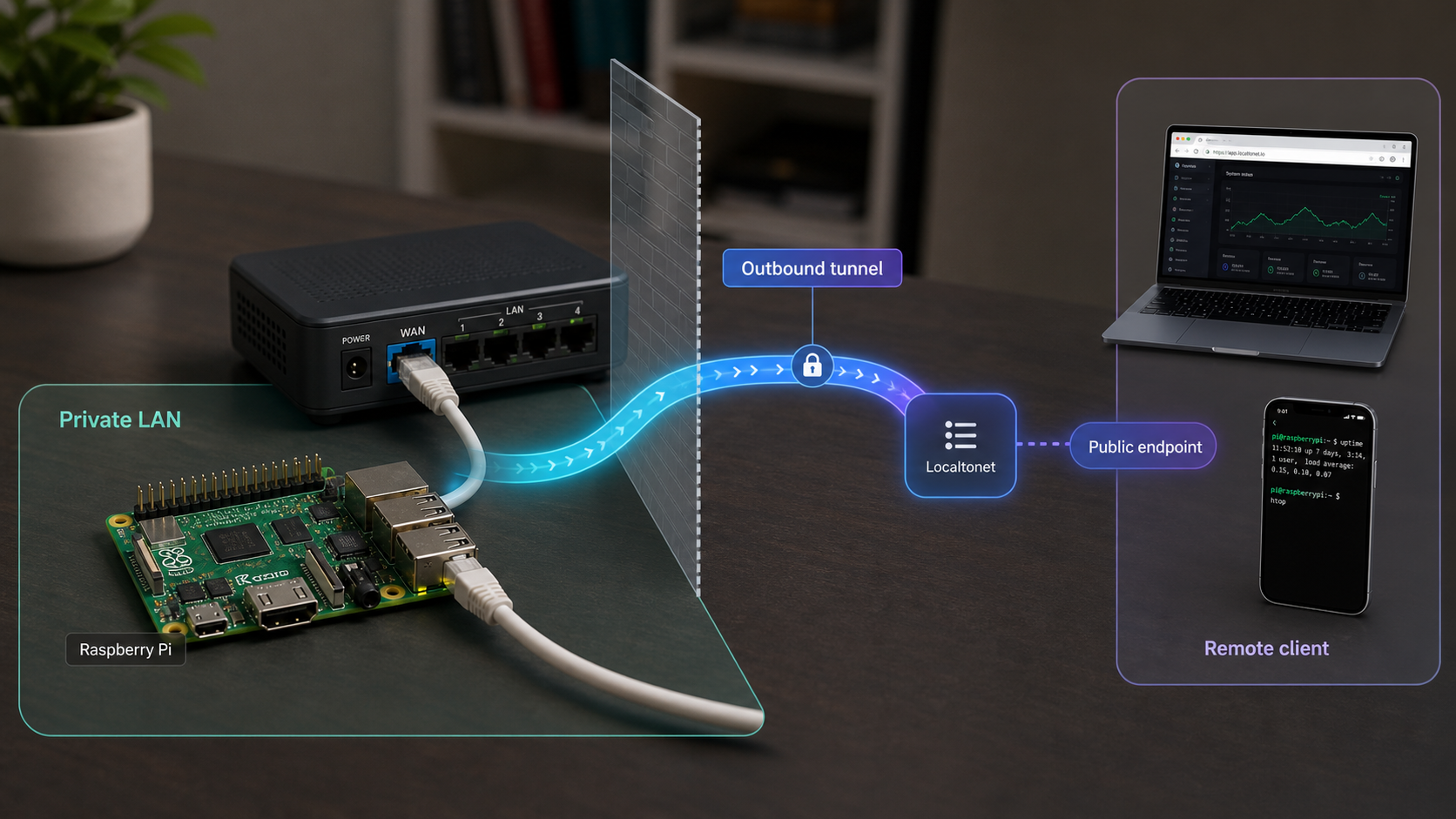 Raspberry Pi connected to remote clients through an outbound tunnel without an open router port.