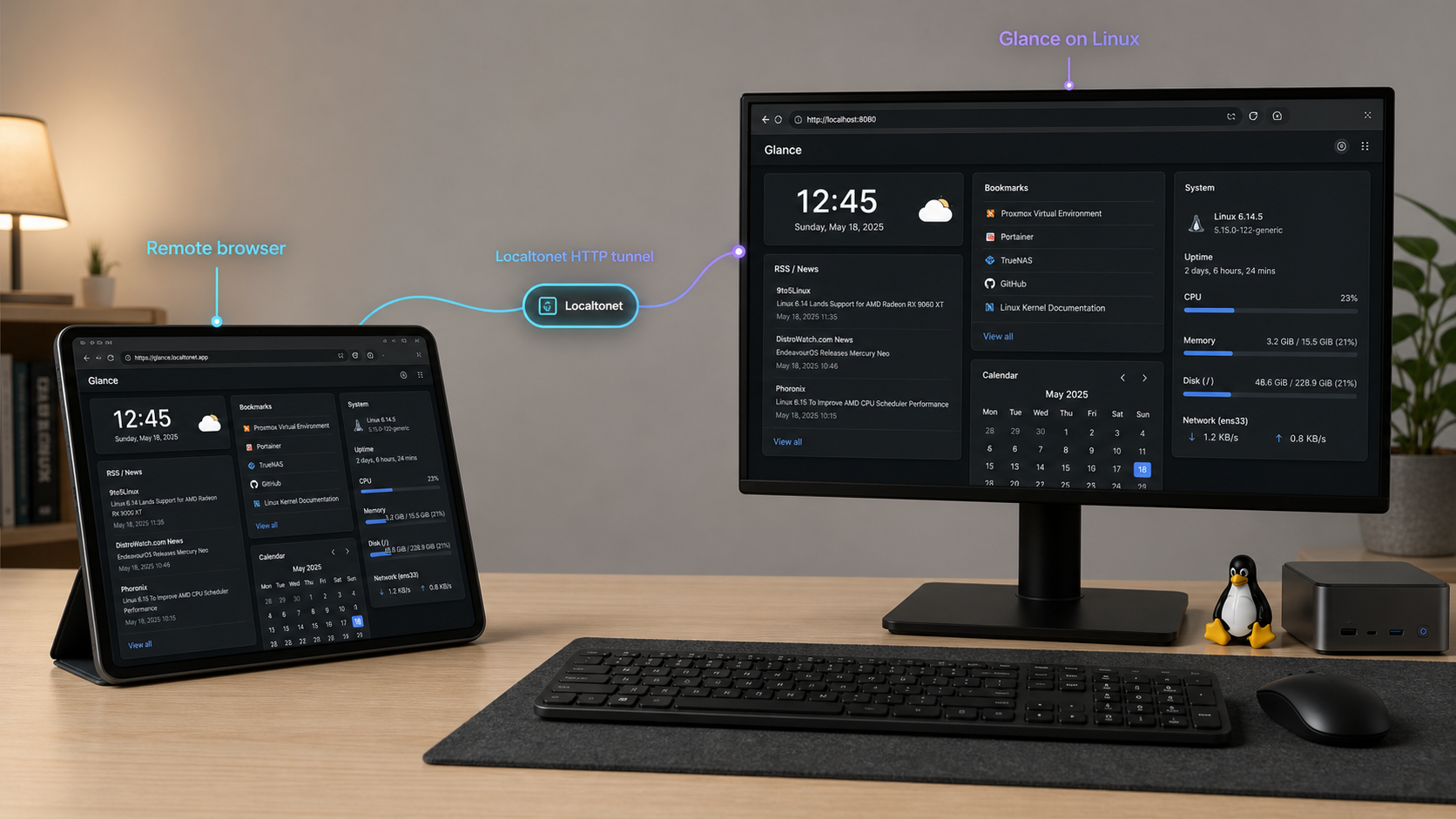 A remote browser reaches a Glance dashboard running on a Linux computer through Localtonet.