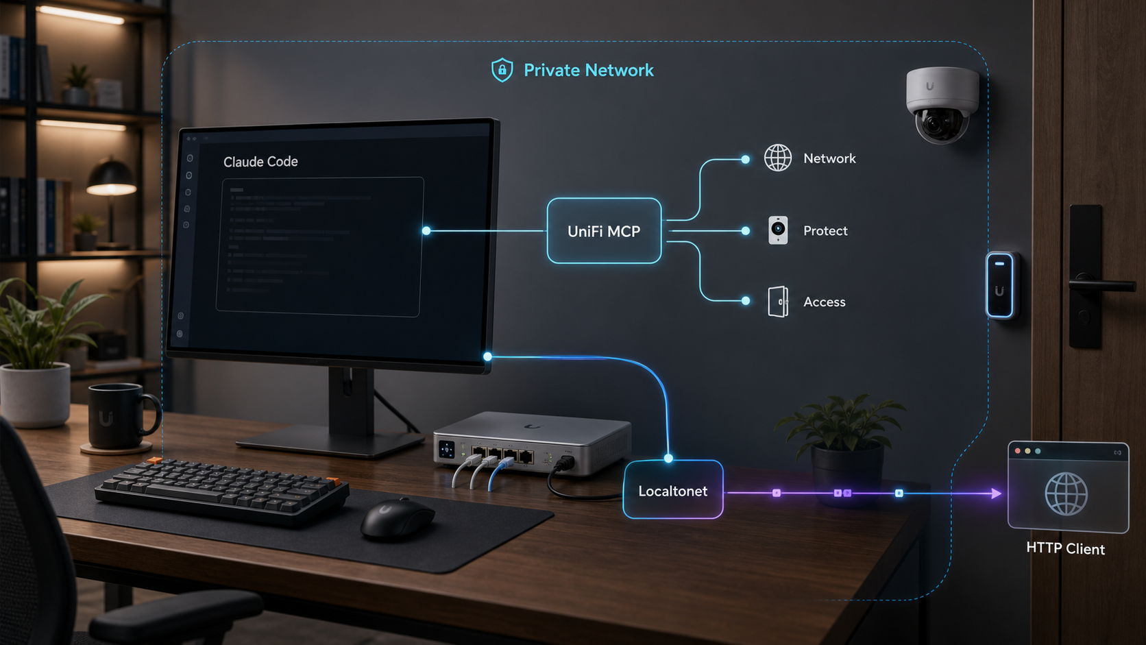 Claude Code connects through UniFi MCP to UniFi services and a remote HTTP client.