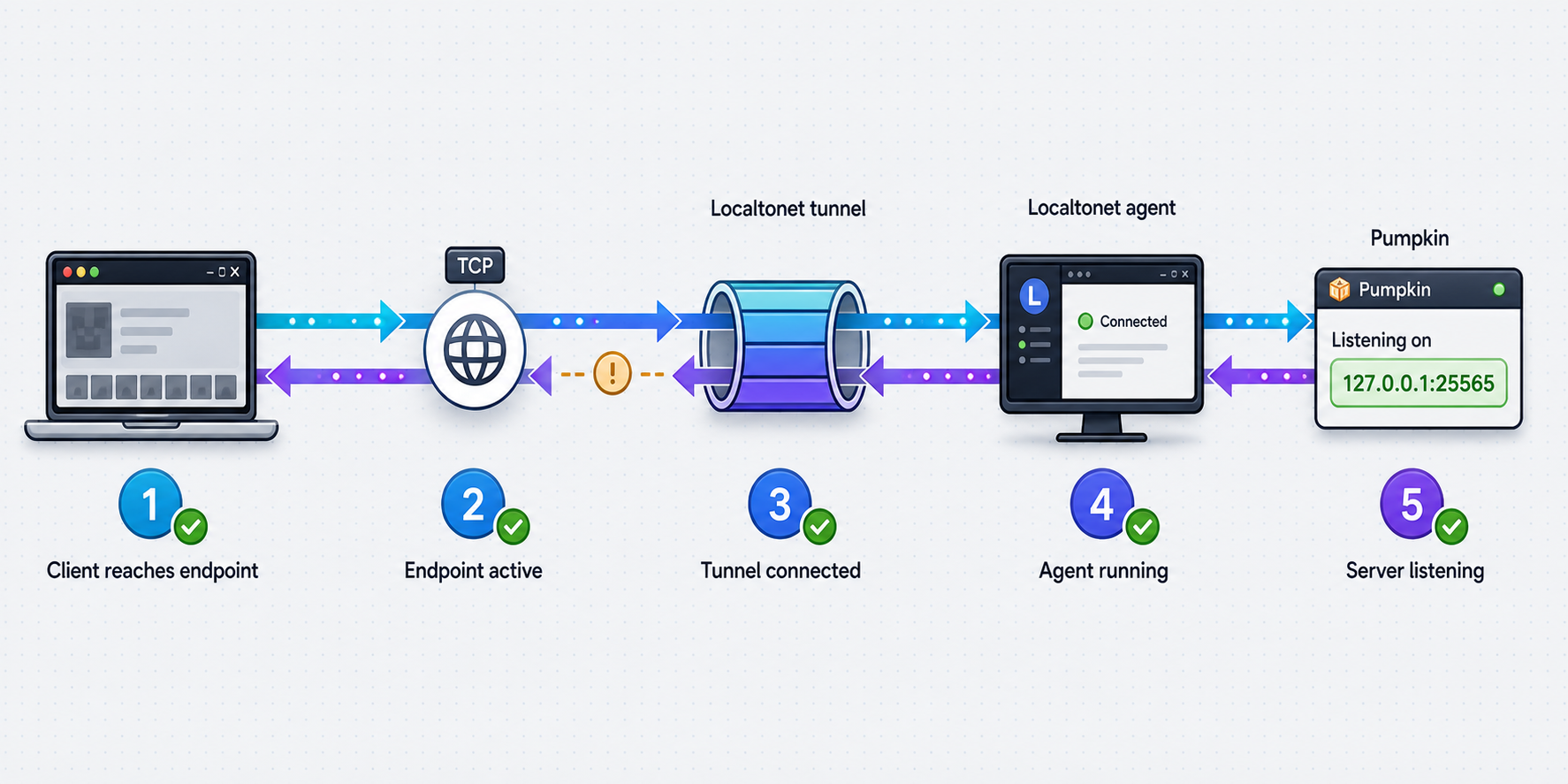 Five checkpoints for testing the path from a remote player to the local Pumpkin server.