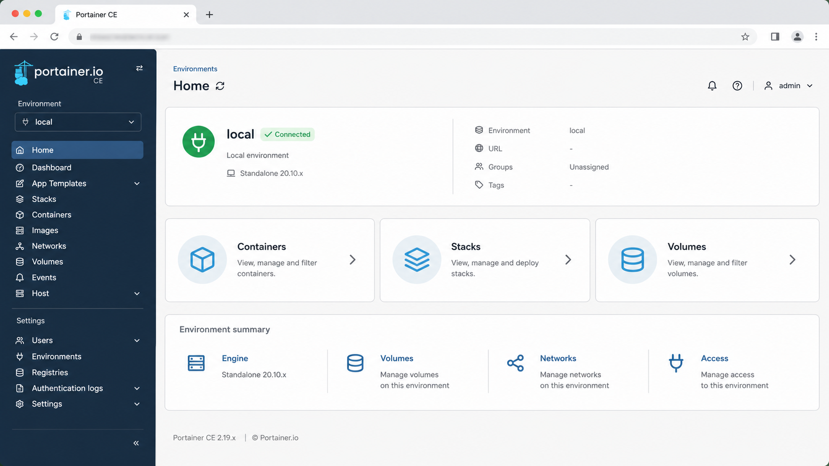 Portainer CE showing a connected local Docker environment with containers, stacks, and volumes.