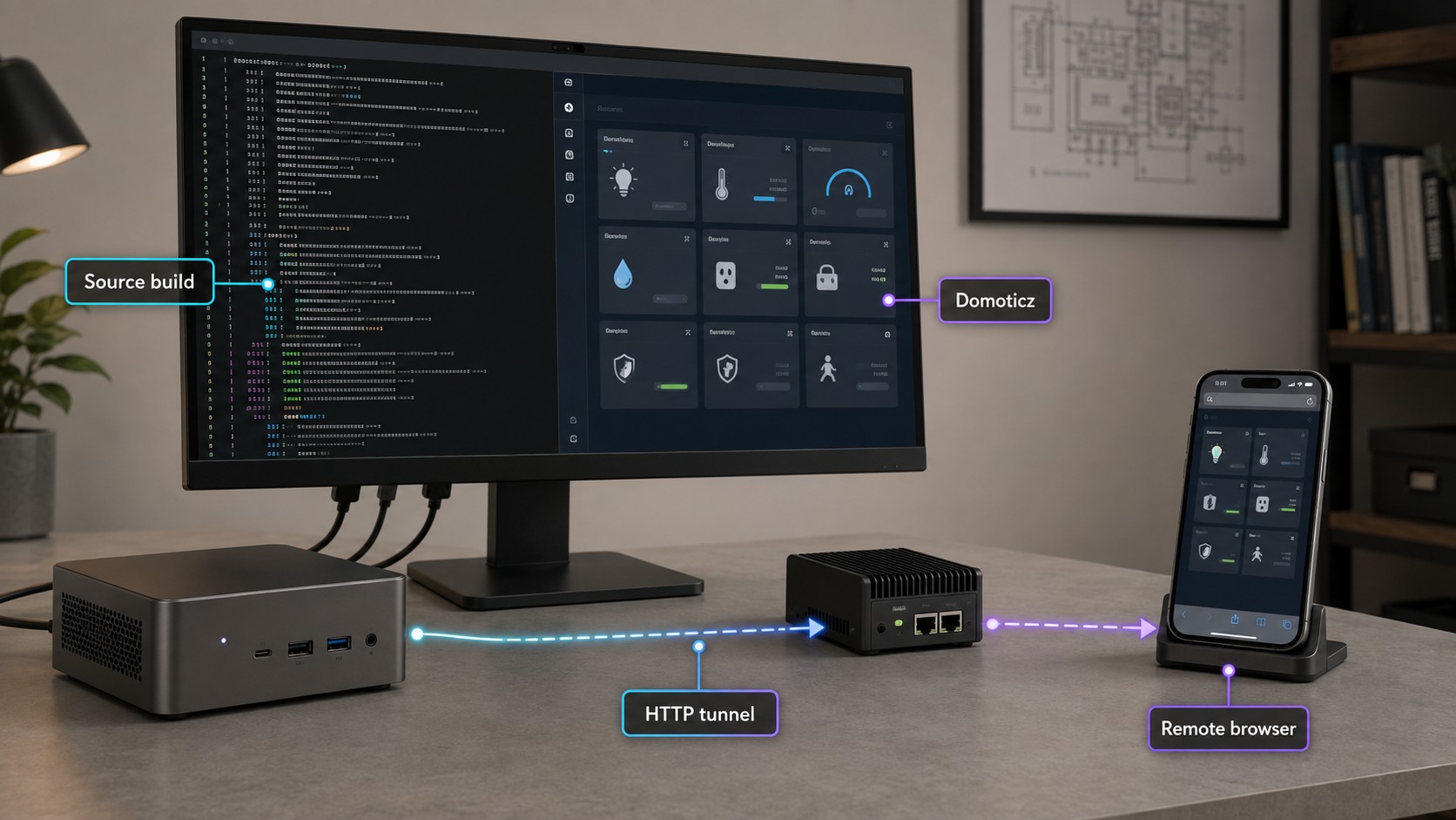 Linux workstation running a source-built Domoticz service connected to a remote browser through Localtonet.