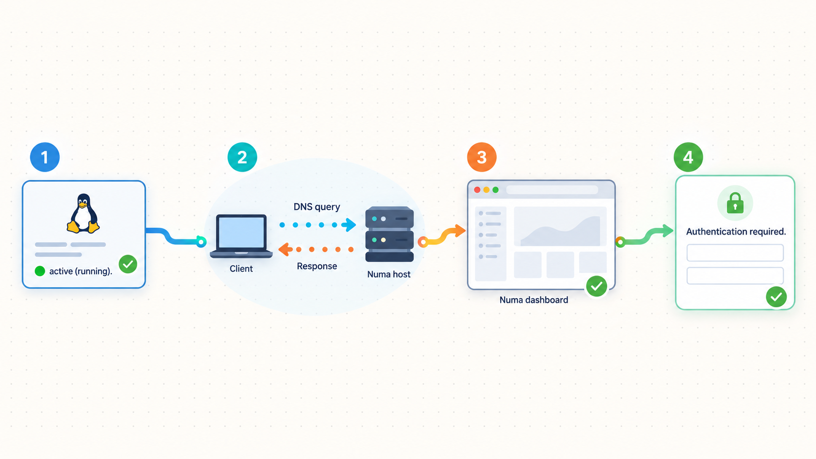 Four checks for Numa service state, DNS response, local dashboard access, and authentication.