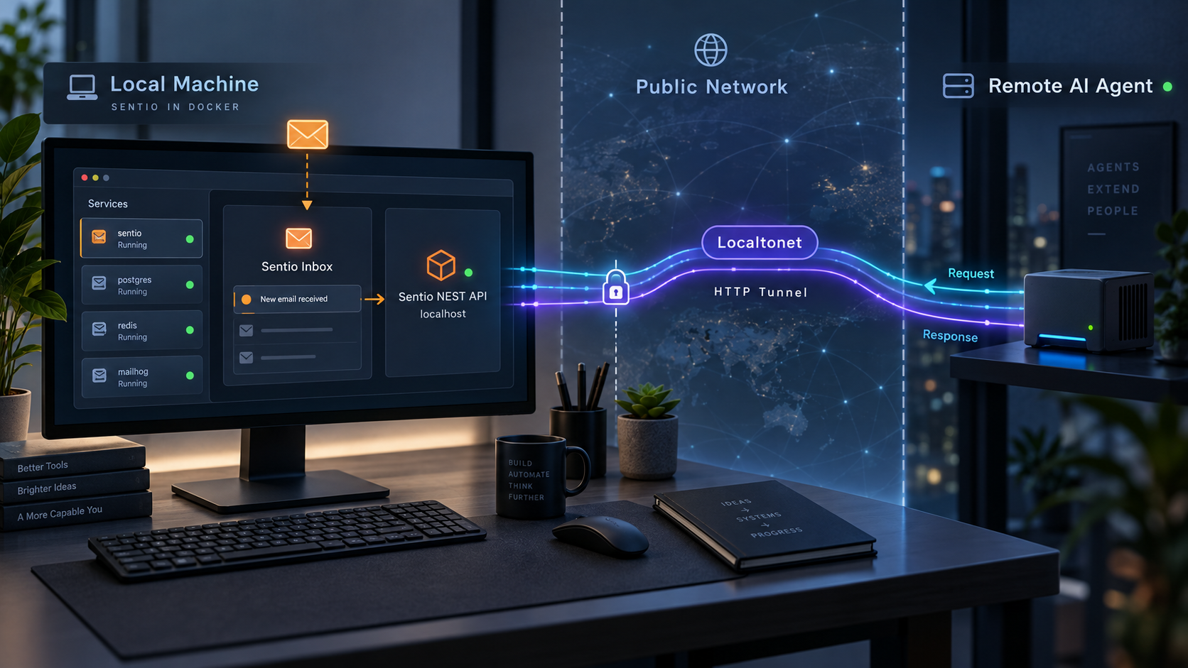 Sentio runs locally in Docker while a remote AI agent reaches its REST API through a secure Localtonet tunnel.