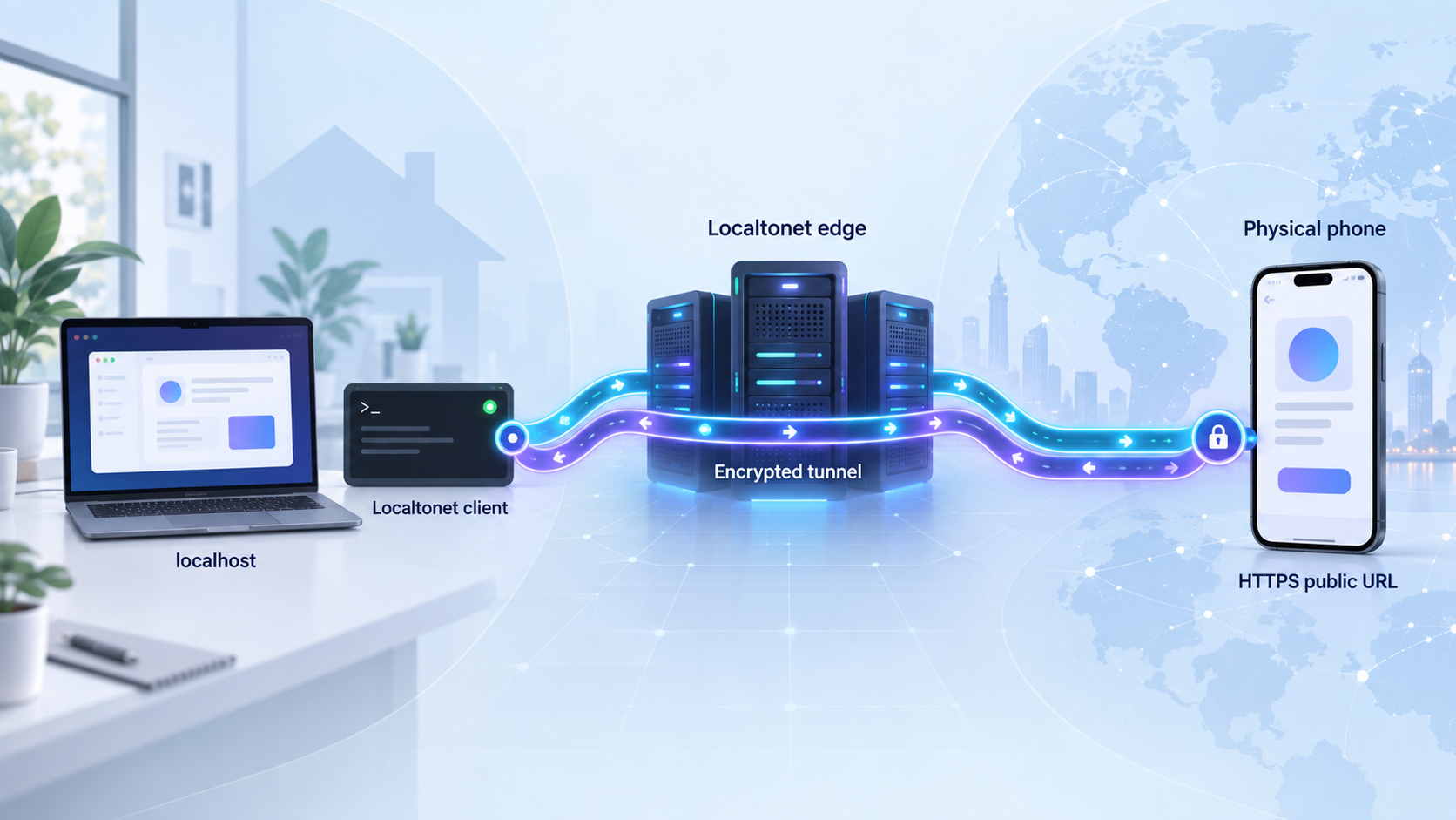 A phone reaches a localhost PWA through a public HTTPS endpoint and Localtonet tunnel.