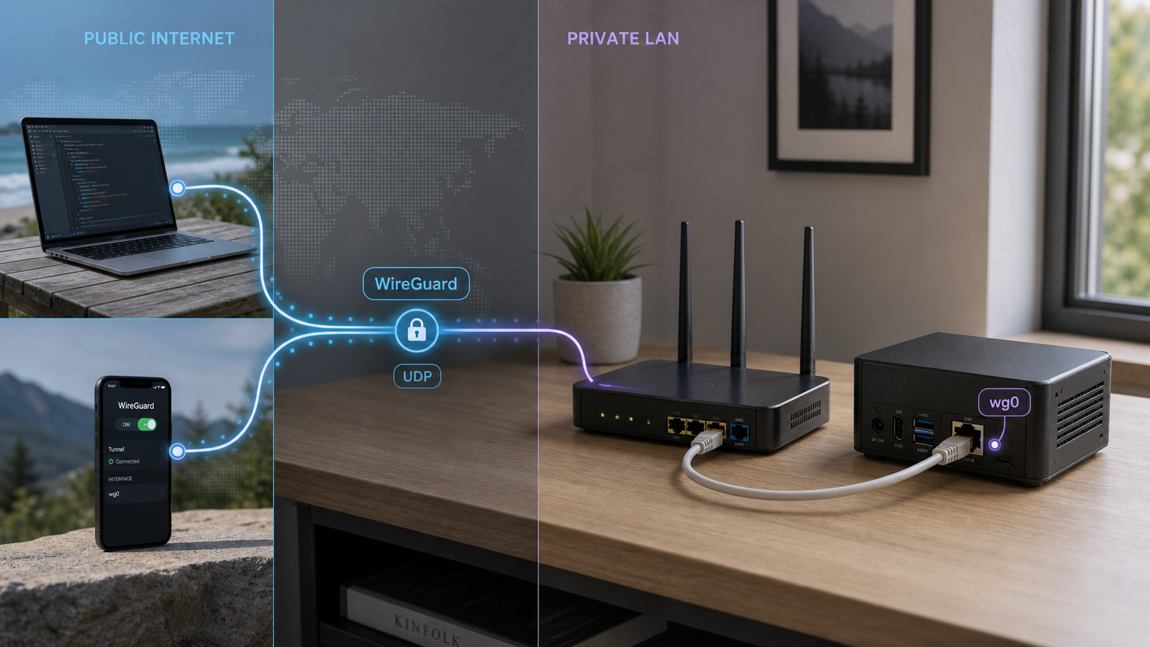 Remote devices connect through an encrypted WireGuard tunnel to a self-hosted Linux server.