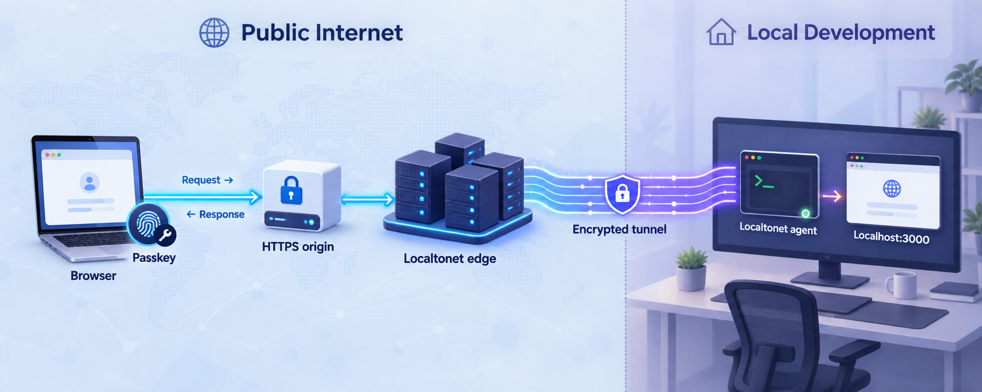 WebAuthn browser traffic reaching a localhost application through a Localtonet HTTPS tunnel.