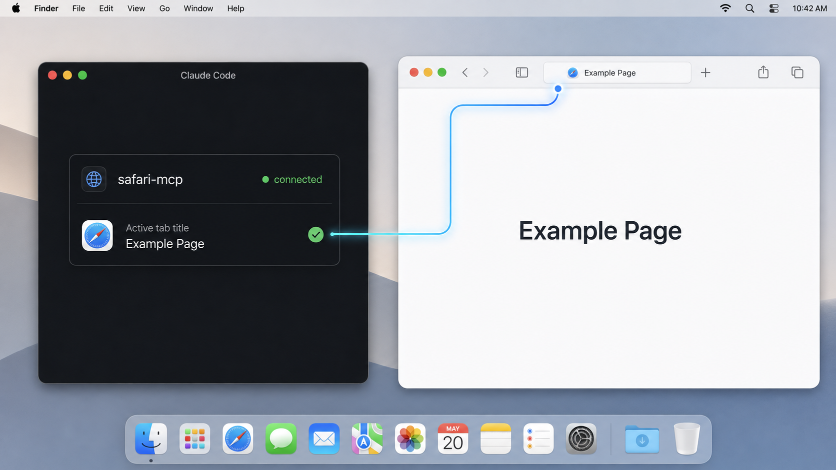Claude Code shows safari-mcp connected while Safari displays a test tab.