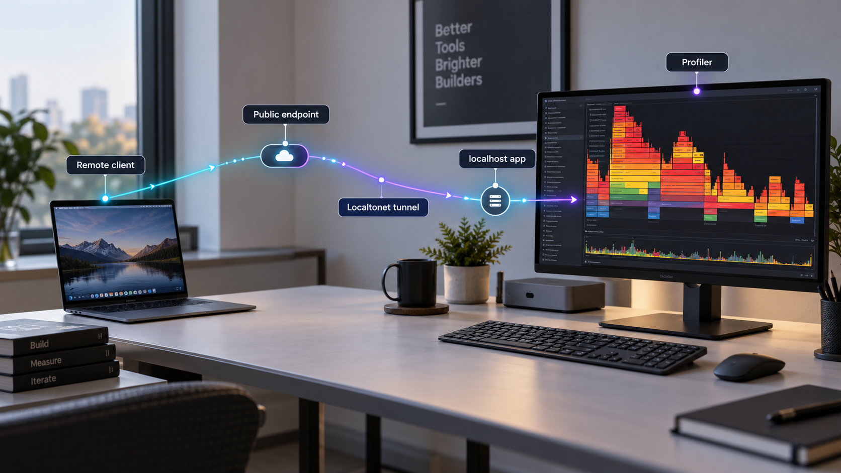 Remote traffic reaches a localhost application while a profiler records a flamegraph.