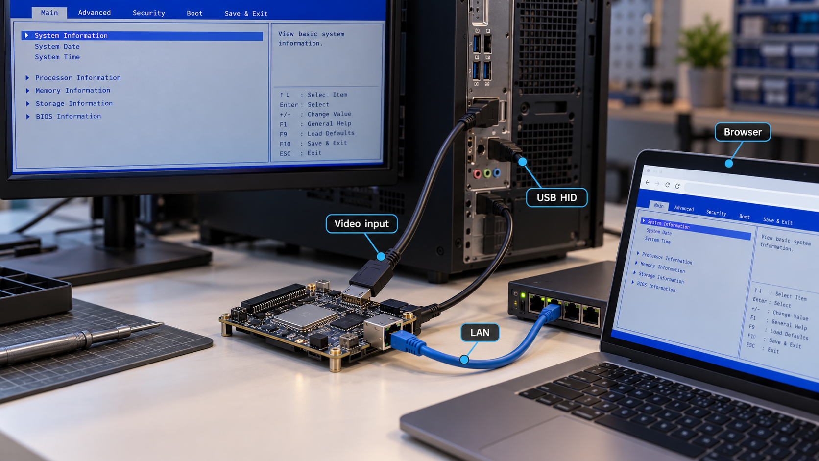 ESP32-P4 KVM linking a target computer's video and USB controls to a browser over the network.