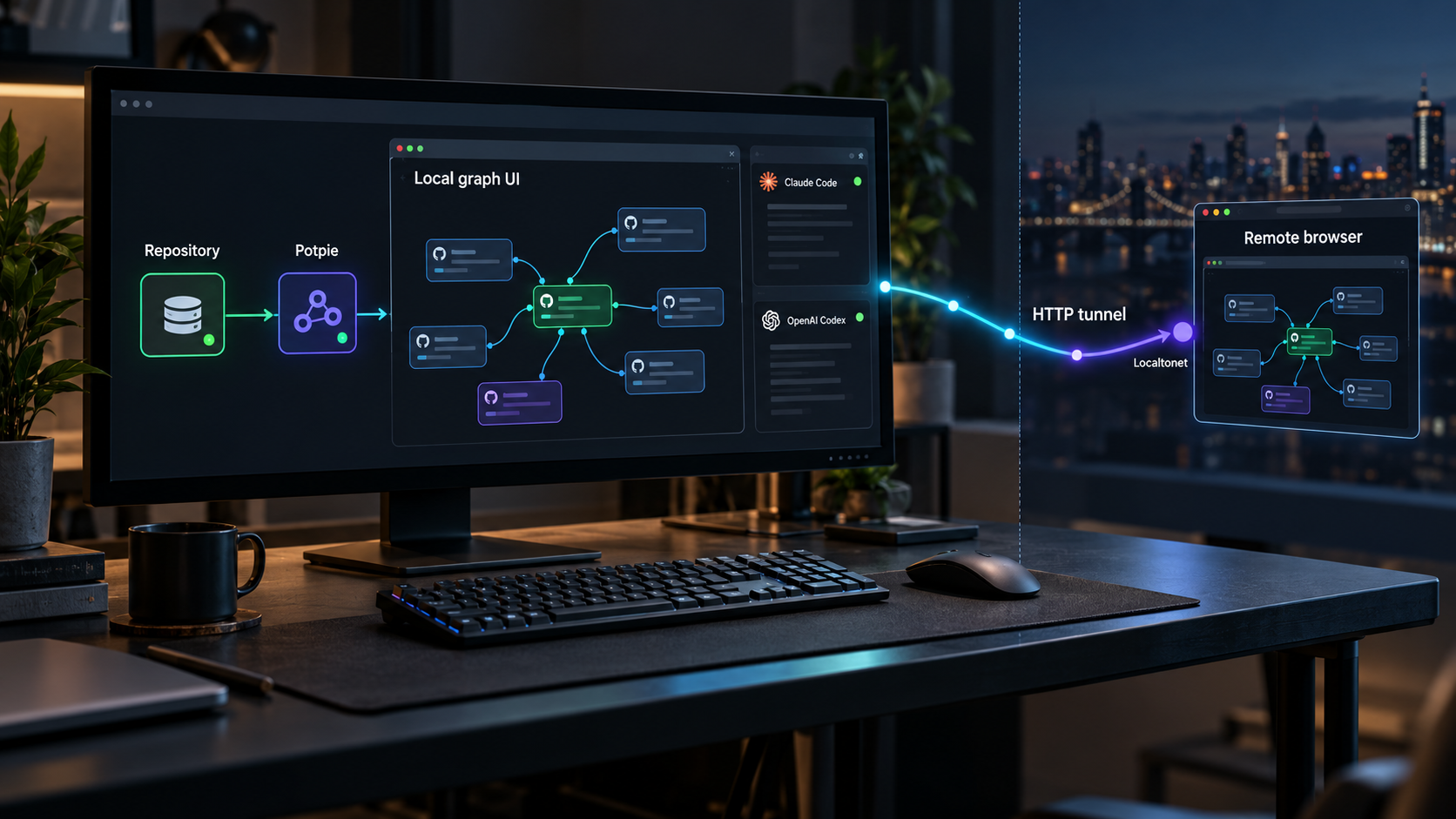 Potpie connecting a local code repository and graph UI to AI coding tools and a remote browser through an HTTP tunnel.