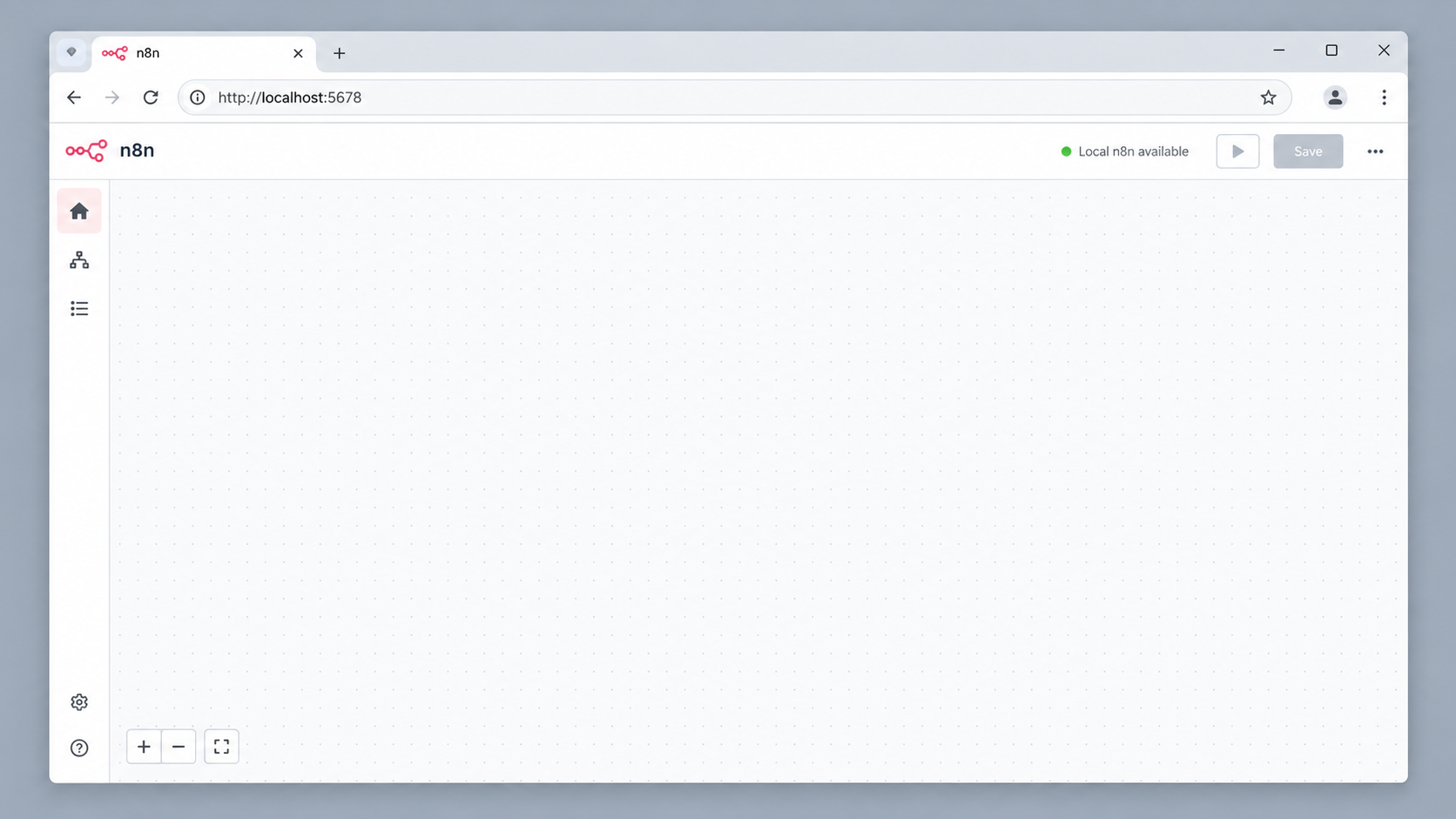 Browser displaying the n8n editor at http://localhost:5678.
