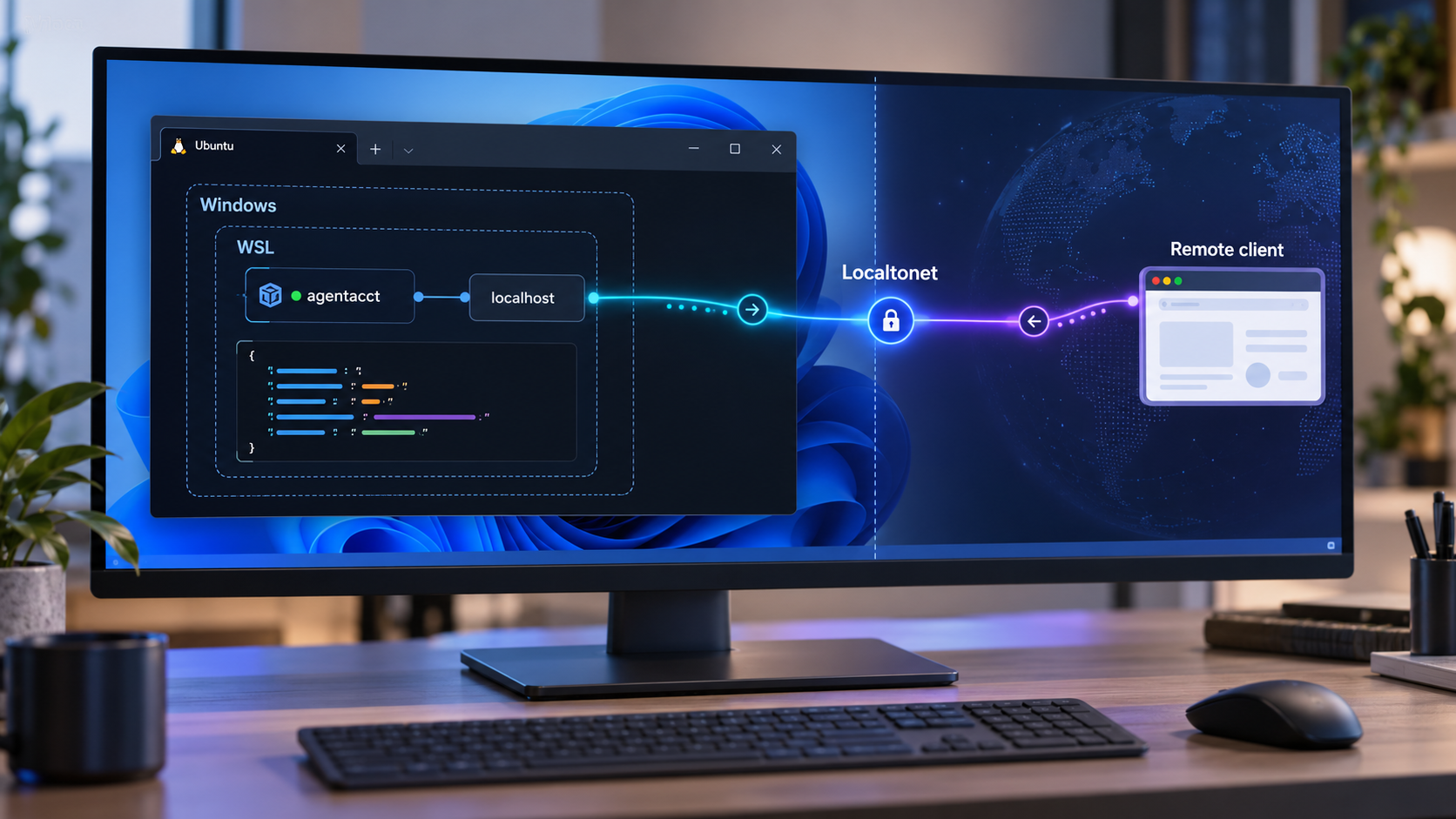 Windows workstation running agentacct in WSL with a Localtonet path to a remote browser.