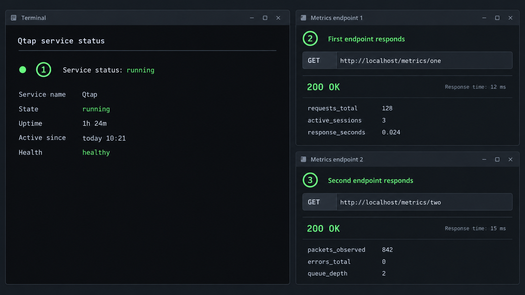 Linux terminal and two local Qtap metrics responses showing successful HTTP status.