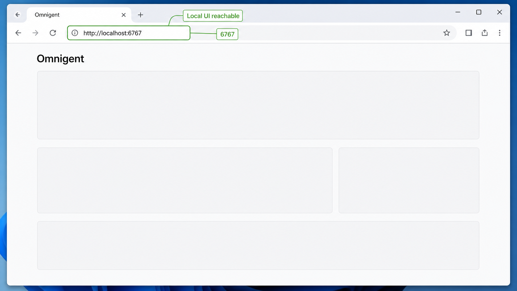 A Windows browser displays the Omnigent web UI at http://localhost:6767.