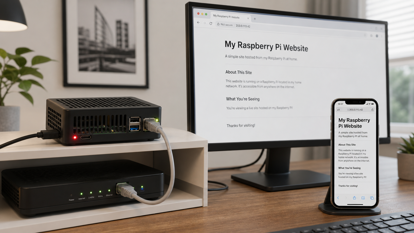 Raspberry Pi connected to a router and serving a website to desktop and mobile browsers.