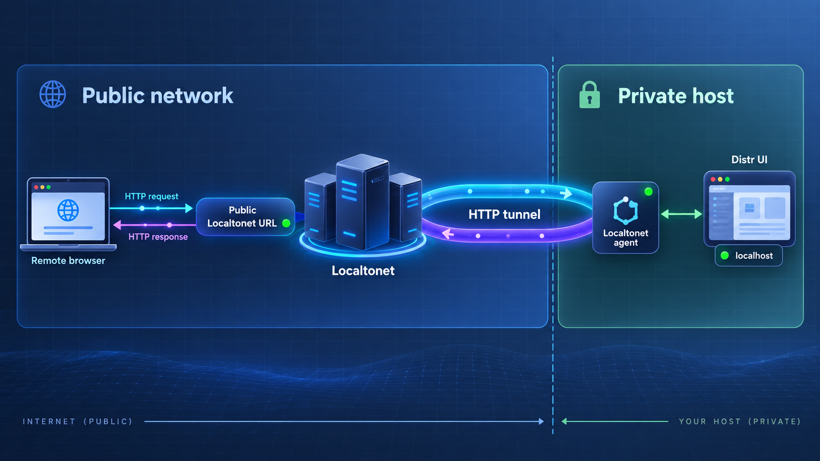 Remote HTTP traffic traveling from a public Localtonet URL through a tunnel to the local Distr interface.