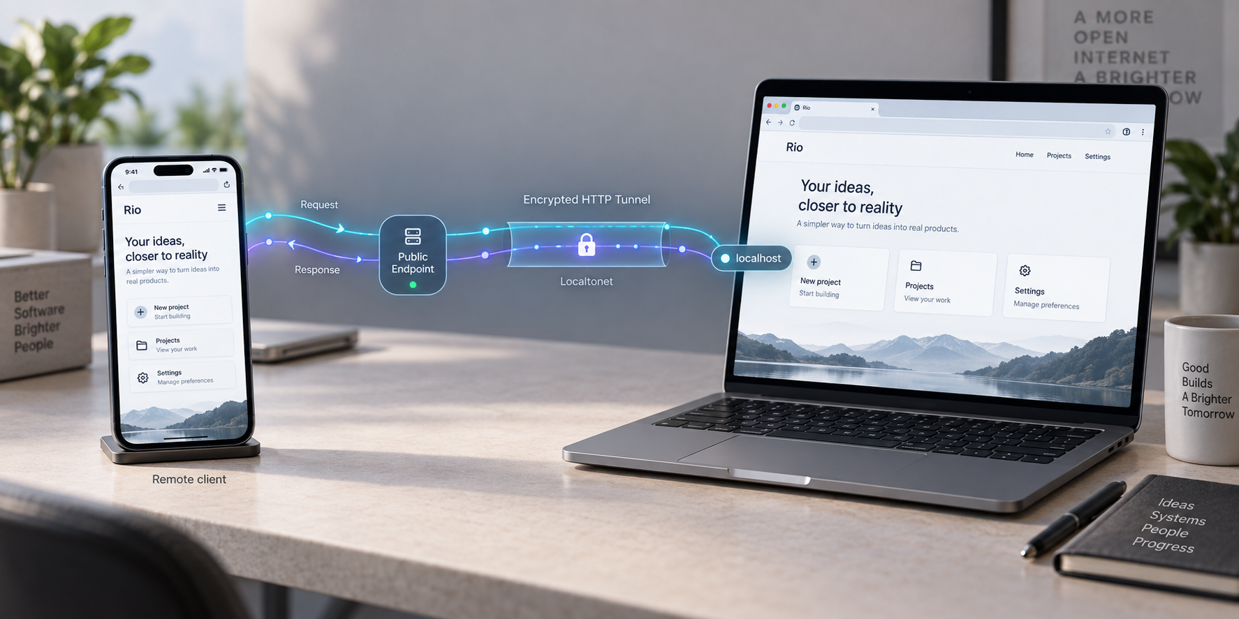 A Rio app on a local laptop connected to a remote phone through an encrypted HTTP tunnel.
