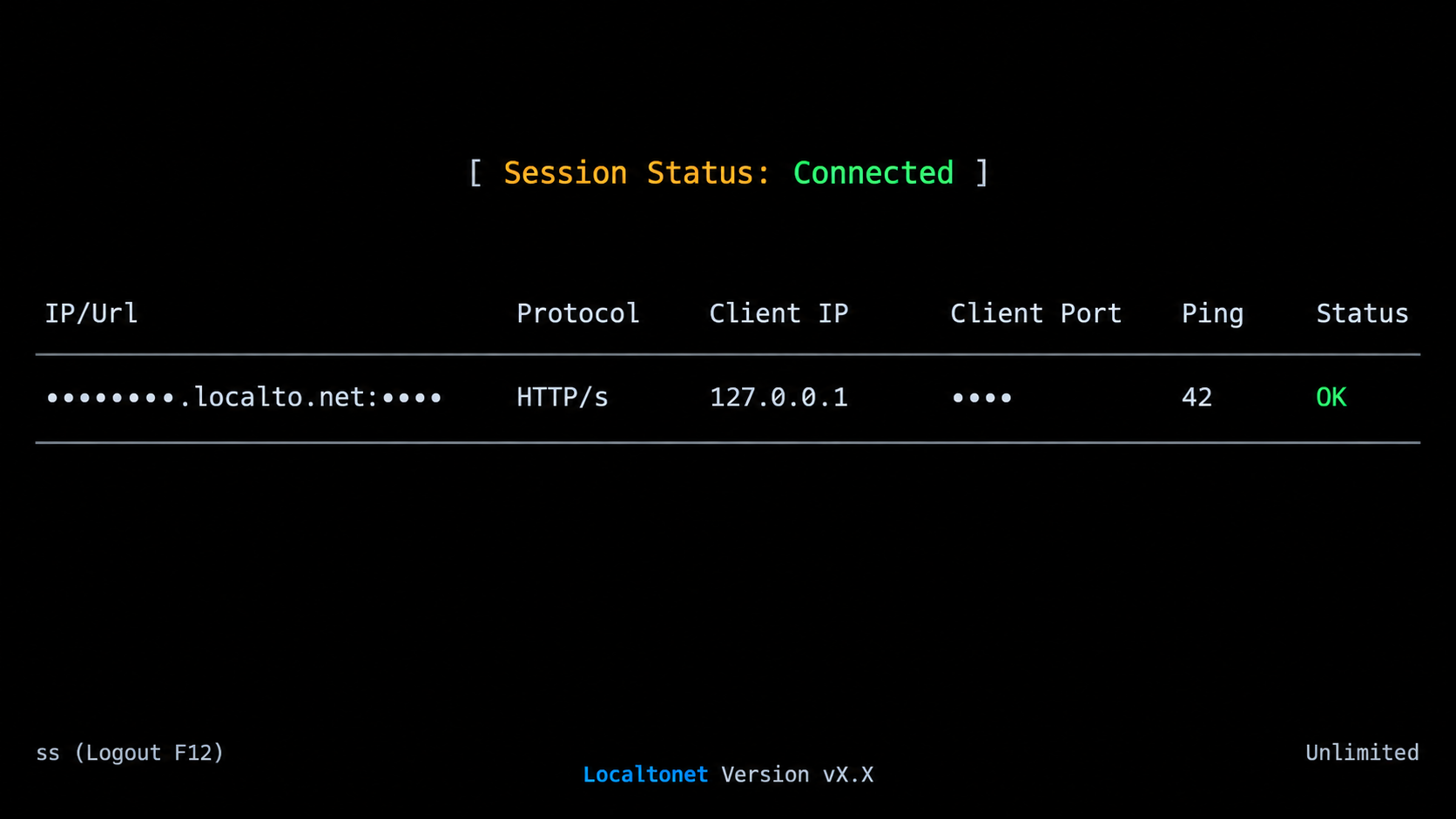 Localtonet terminal console showing a connected HTTP tunnel with status OK.