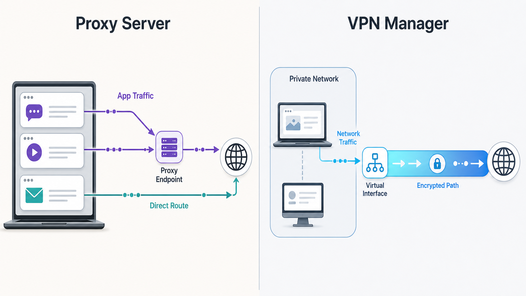 Proxy Server routes selected application traffic, while VPN Manager provides broader network connectivity.