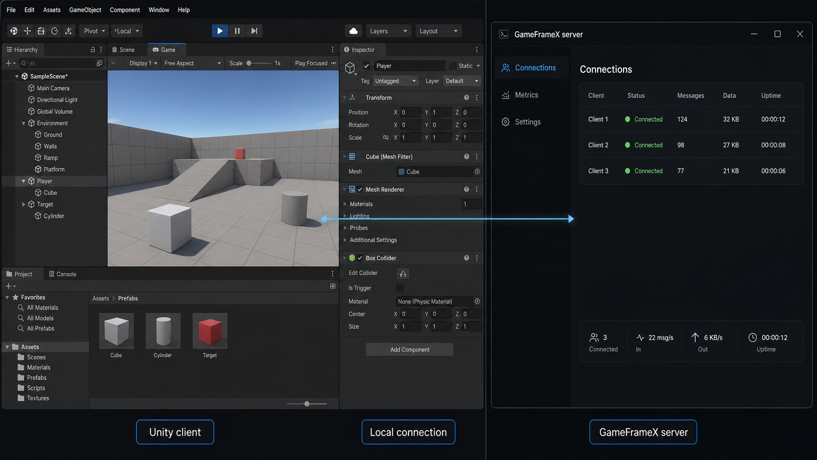 Unity Editor in play mode connected to a GameFrameX server running on the same machine.