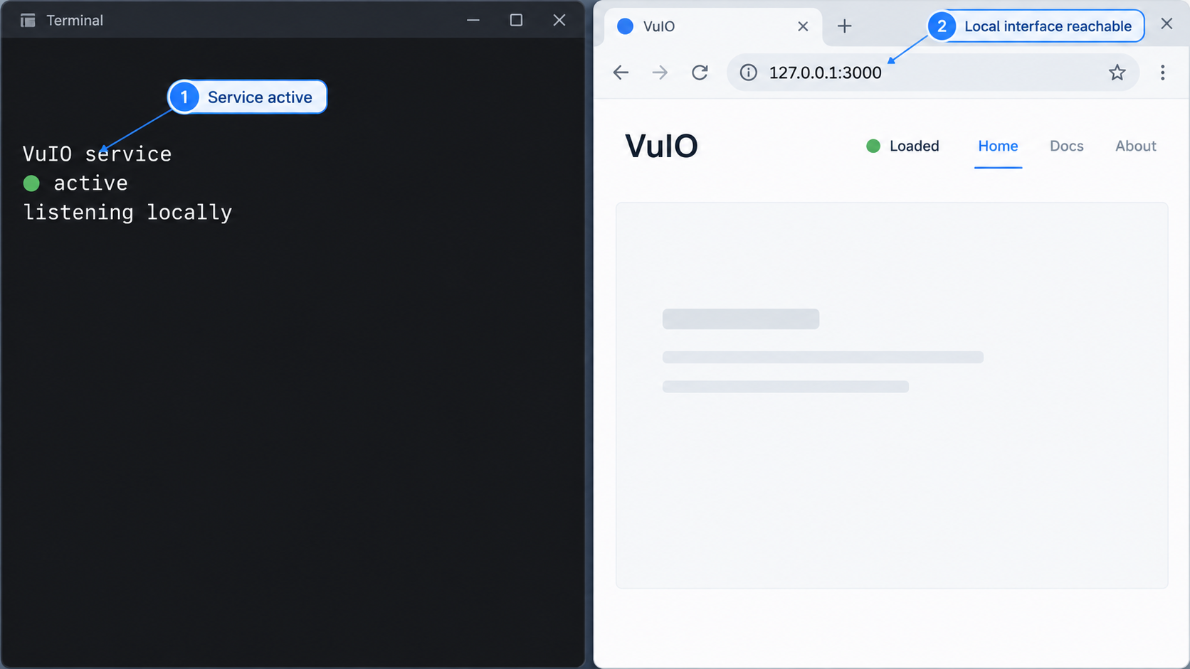 A running VuIO service and its web interface verified through a local browser.