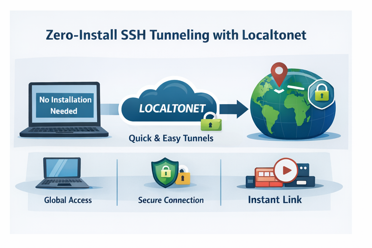 Illustration highlighting Localtonet zero-install SSH tunneling benefits: no installation, global access, secure connection, instant link
