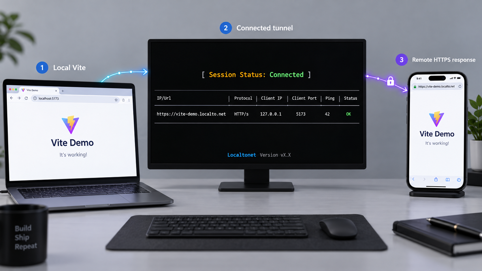 Local and remote browsers load the Vite page while the Localtonet console shows a connected HTTP tunnel.