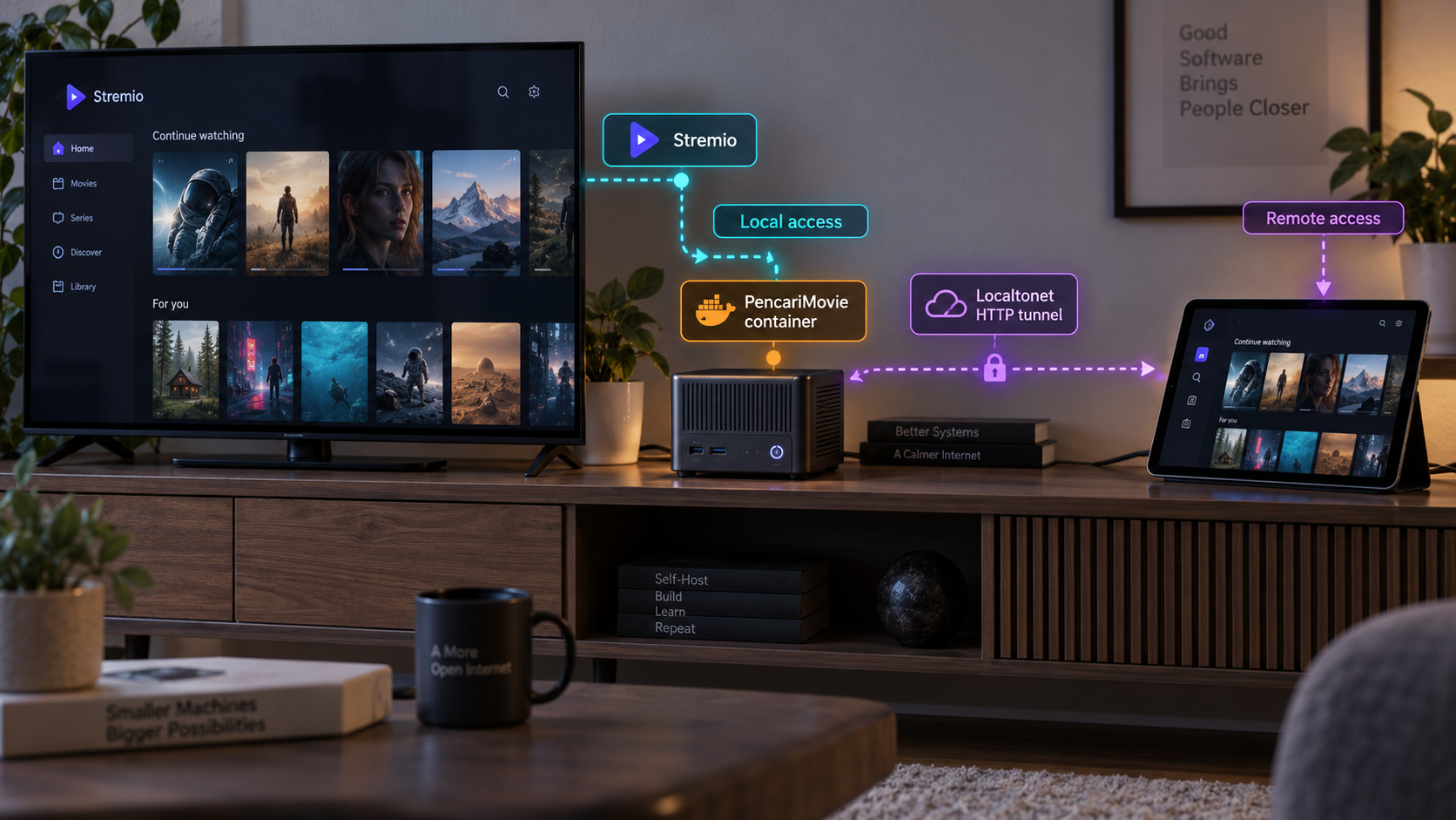 Stremio clients connecting to a Docker-hosted PencariMovie service locally and through a tunnel.
