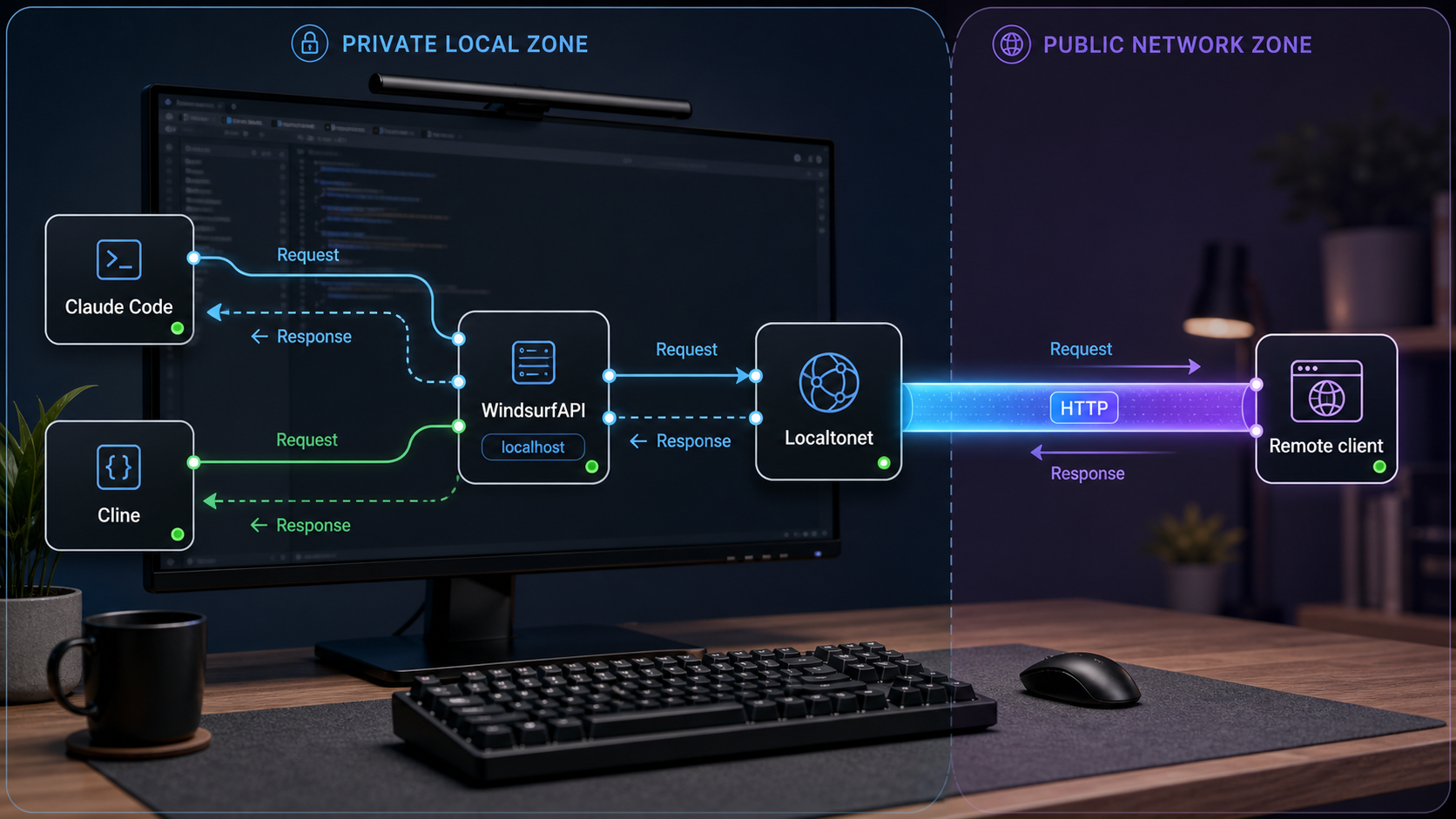 WindsurfAPI serving local AI clients and a remote client through a Localtonet tunnel.