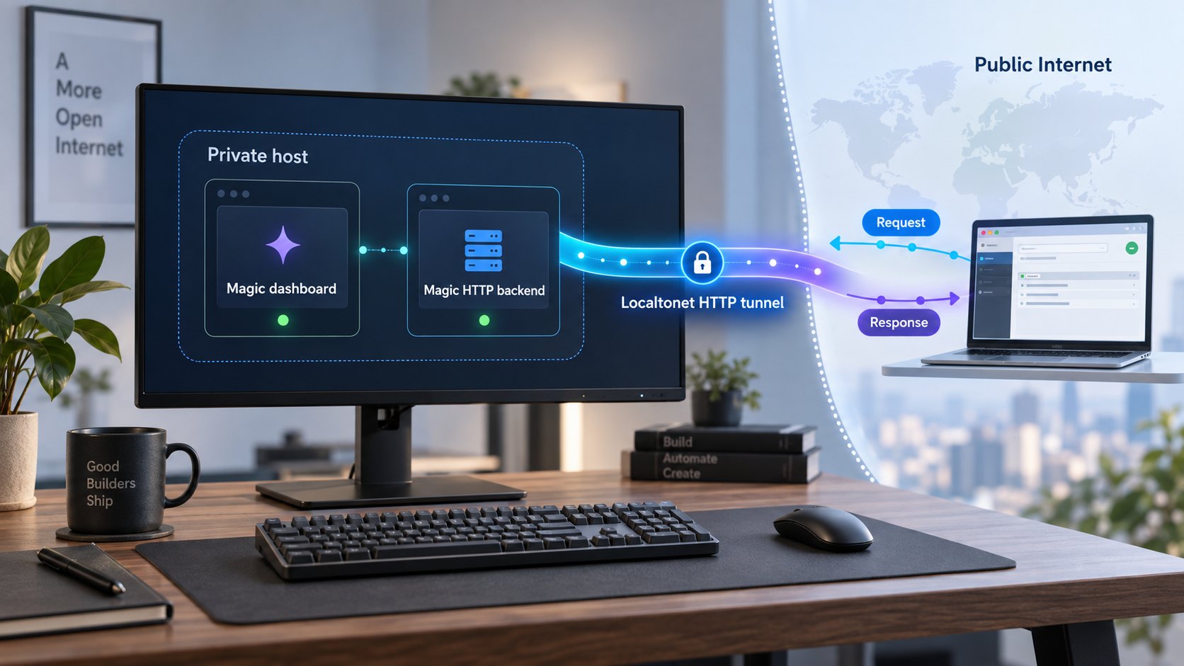 Magic runs locally with Docker Compose while Localtonet connects its HTTP backend to a remote API client.