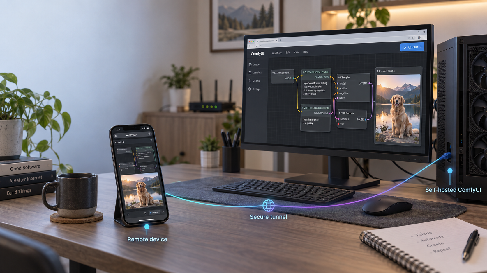 A GPU workstation runs ComfyUI while a phone connects through a secure tunnel.