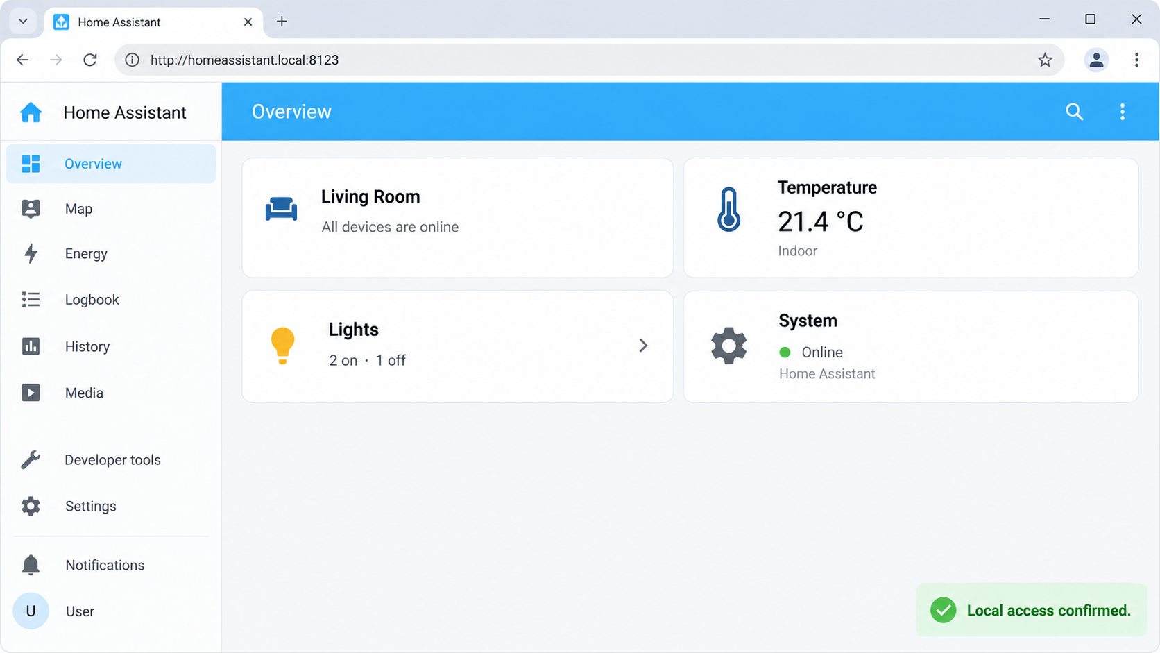 Home Assistant dashboard loaded locally at homeassistant.local on port 8123.
