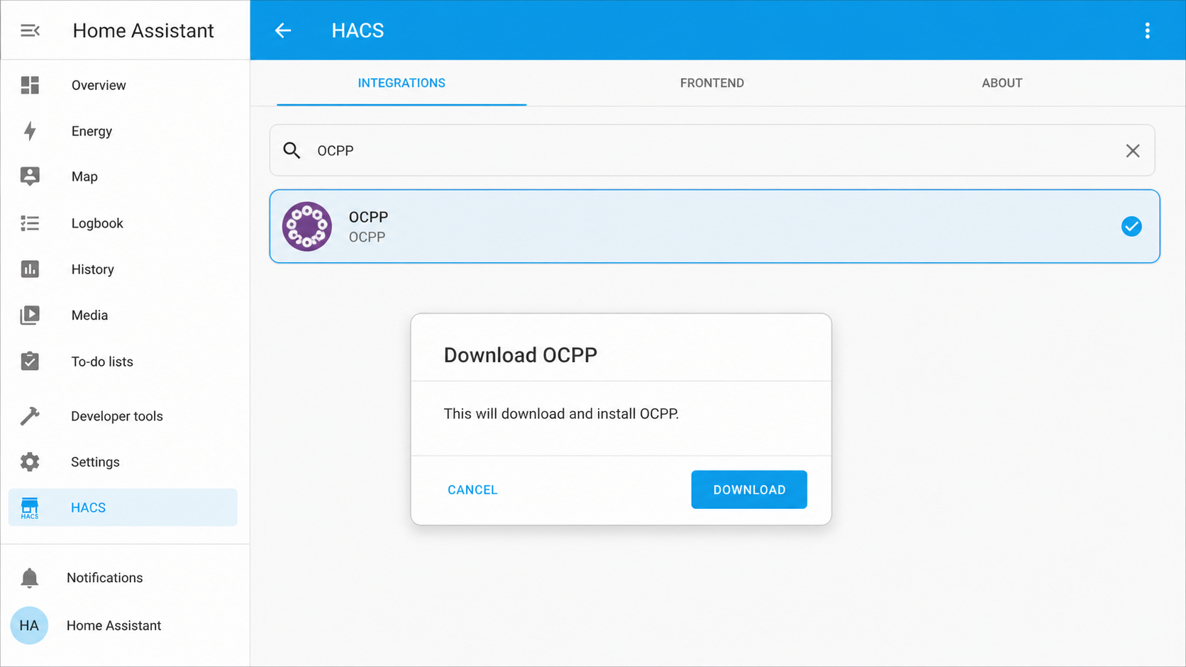 HACS integrations screen with the OCPP integration selected for installation.