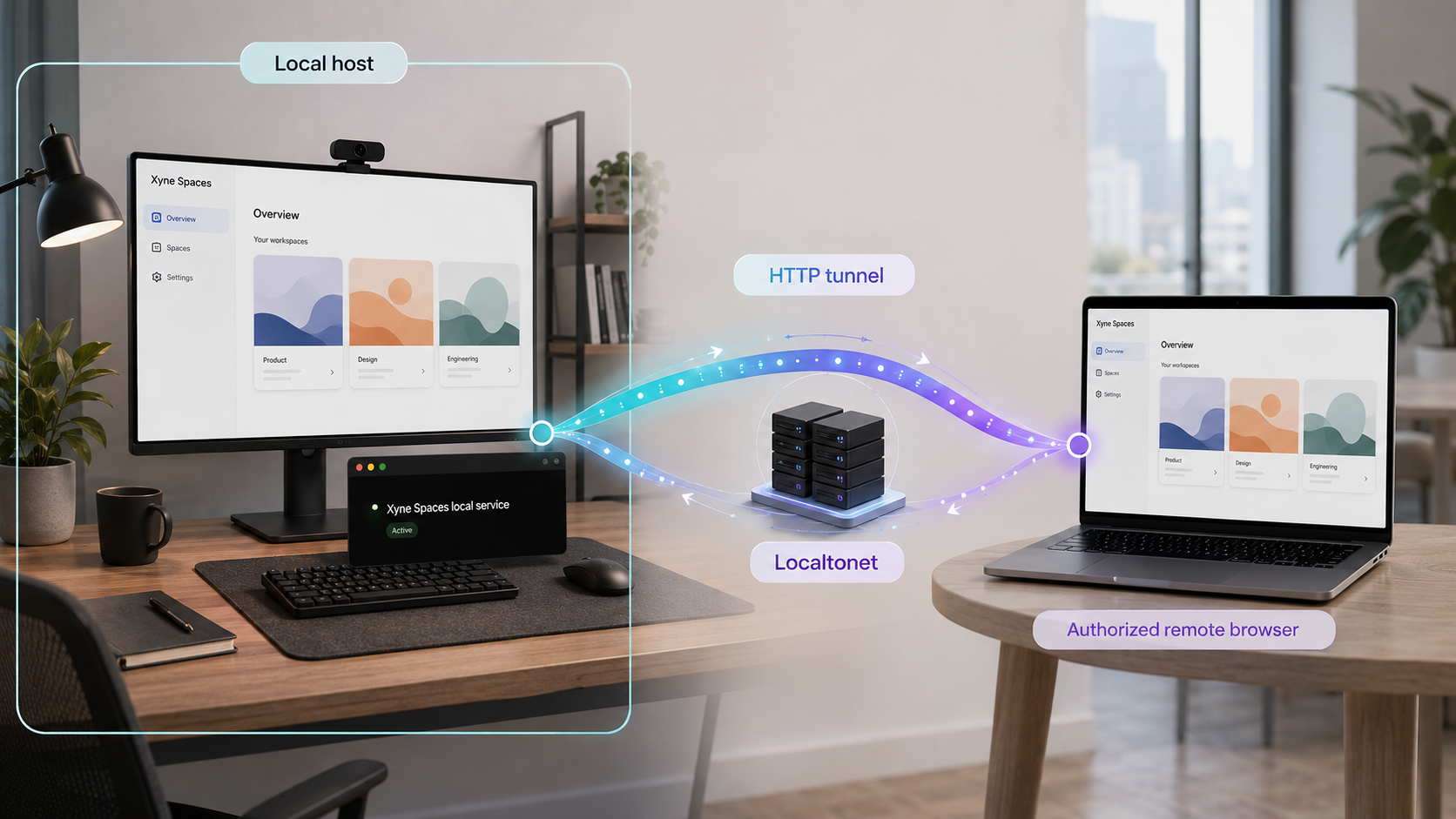 A locally hosted Xyne Spaces dashboard connected to an authorized remote browser through a Localtonet HTTP tunnel.