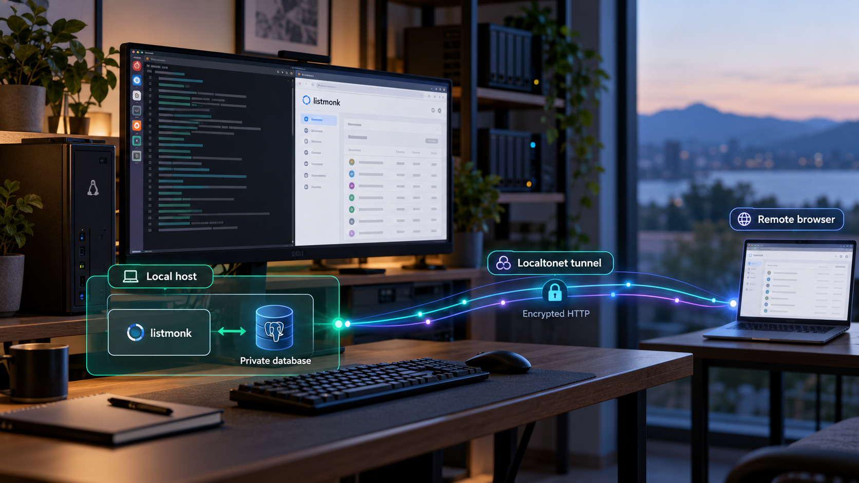 A self-hosted listmonk service connects to PostgreSQL locally and to a remote browser through a Localtonet tunnel.