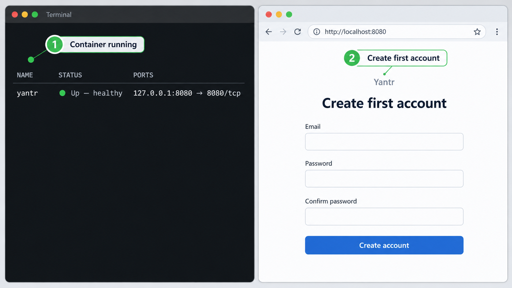 Local terminal verification beside Yantrβs first-account page in a localhost browser.