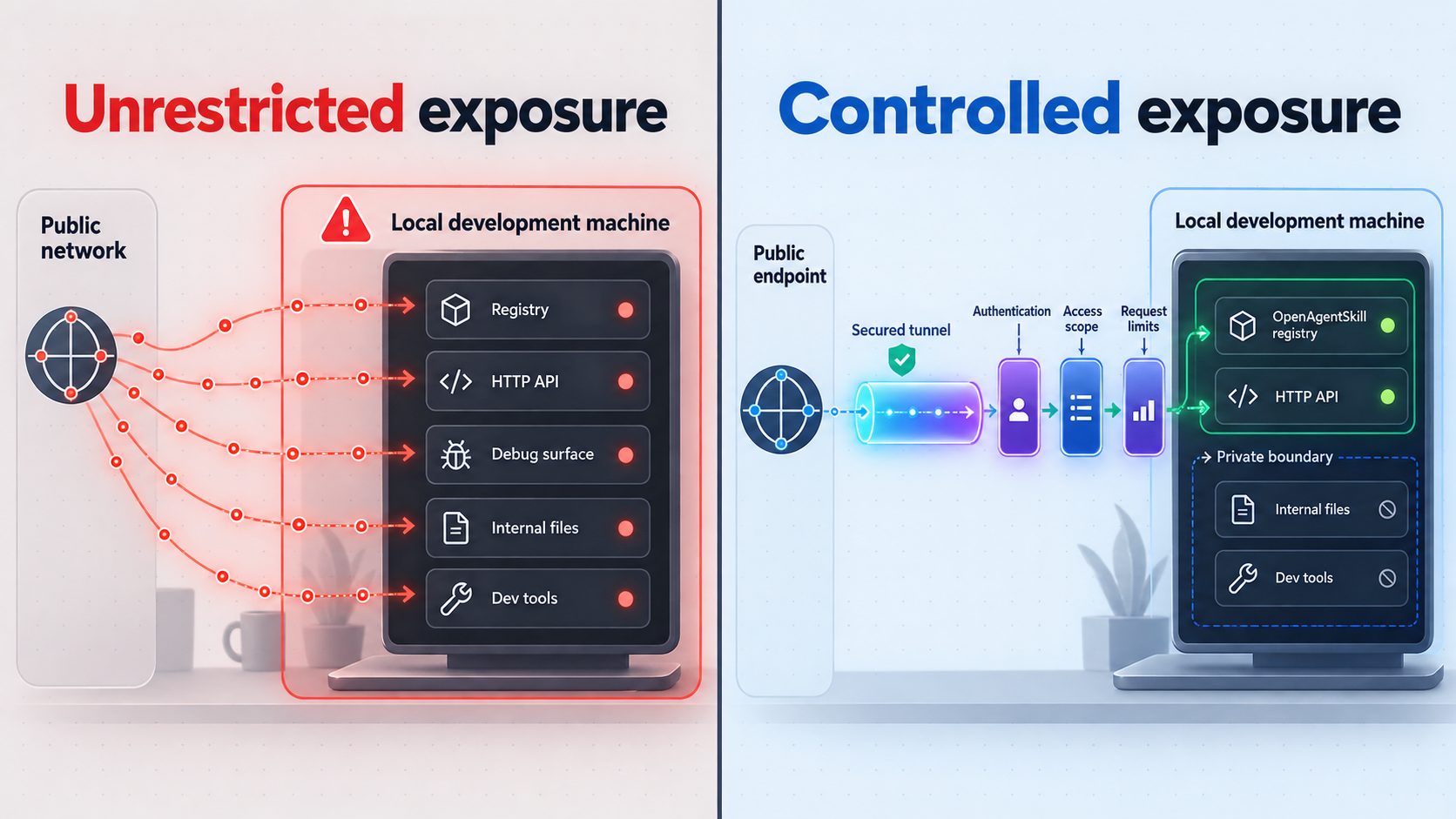 Comparison of unrestricted development-server exposure with controlled access limited to required OpenAgentSkill endpoints.