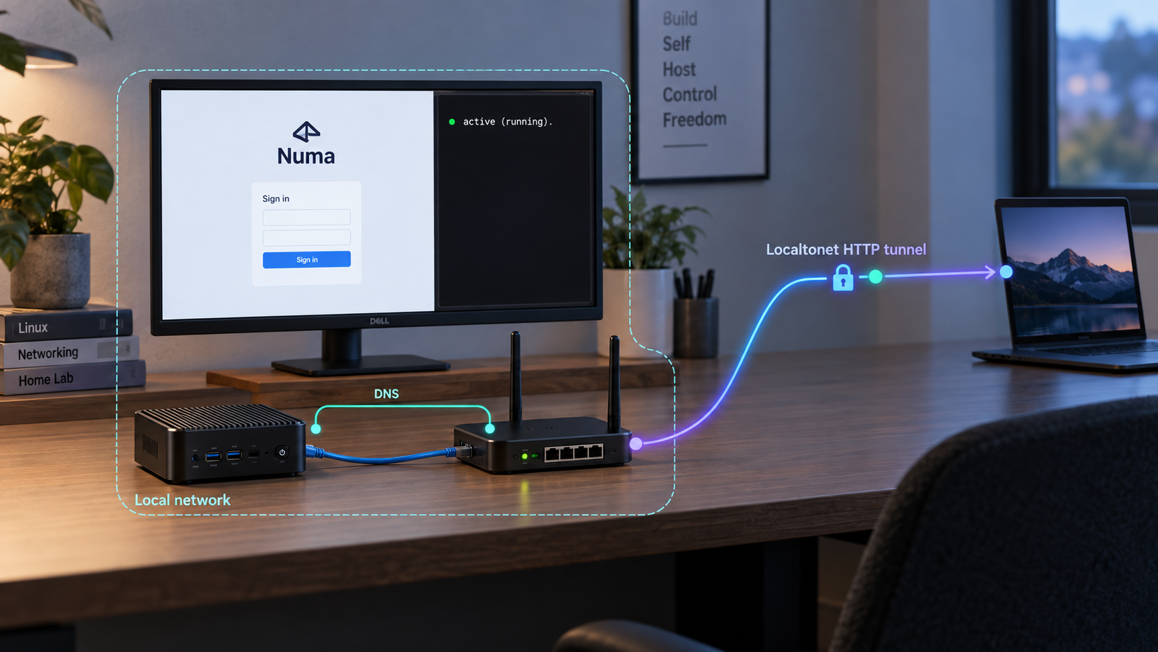 Linux host running Numa with local DNS traffic and remote dashboard access through a Localtonet HTTP tunnel.