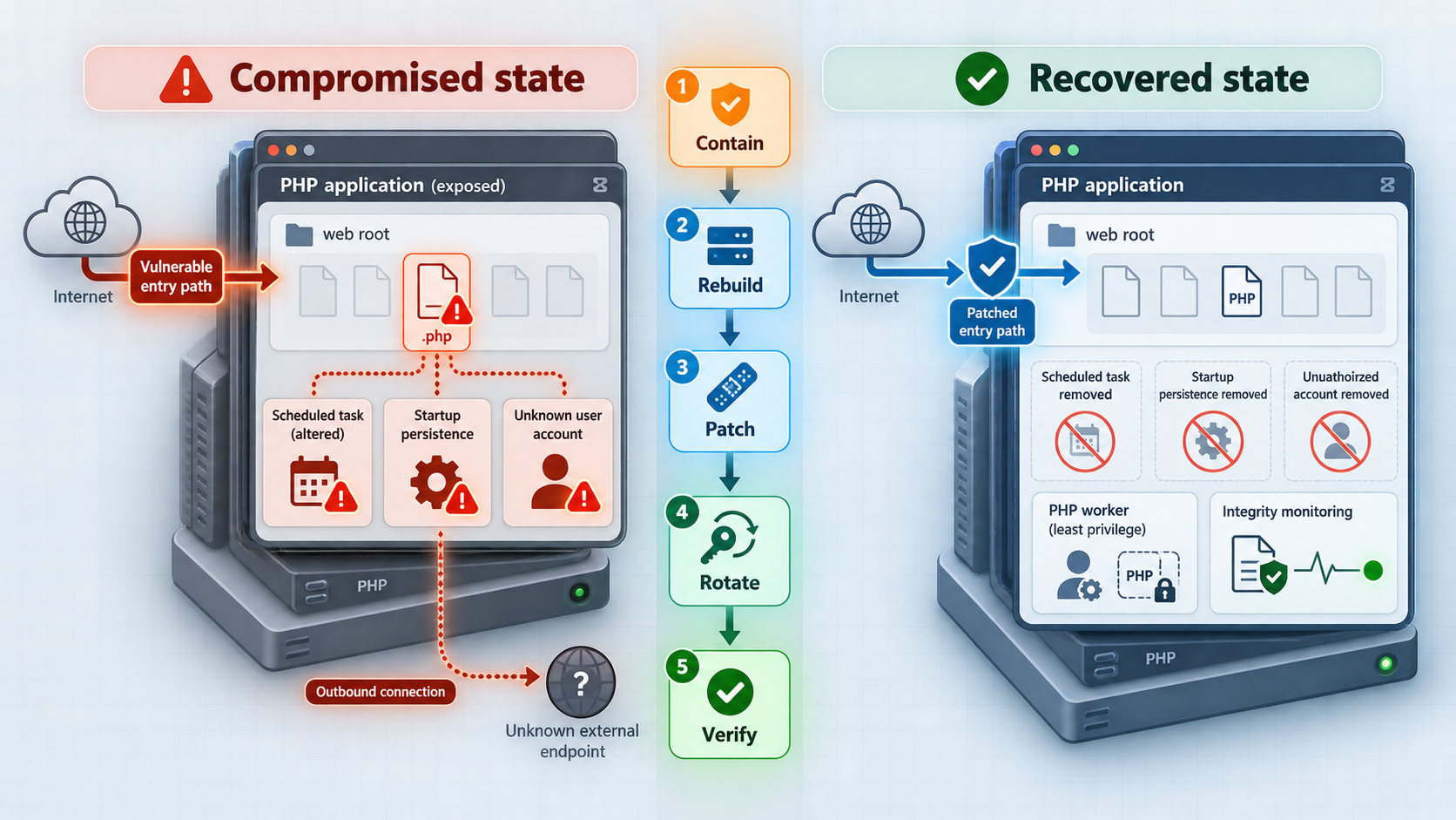 Comparison of a compromised PHP host and a remediated host with persistence removed.
